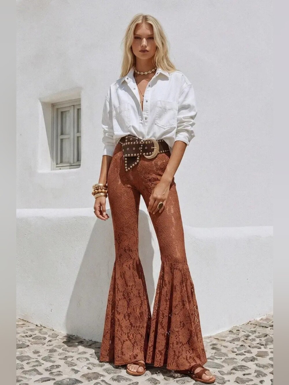 NEW Boho Western Dark Tan Lace Bell Pants With Lining 33" Inseam